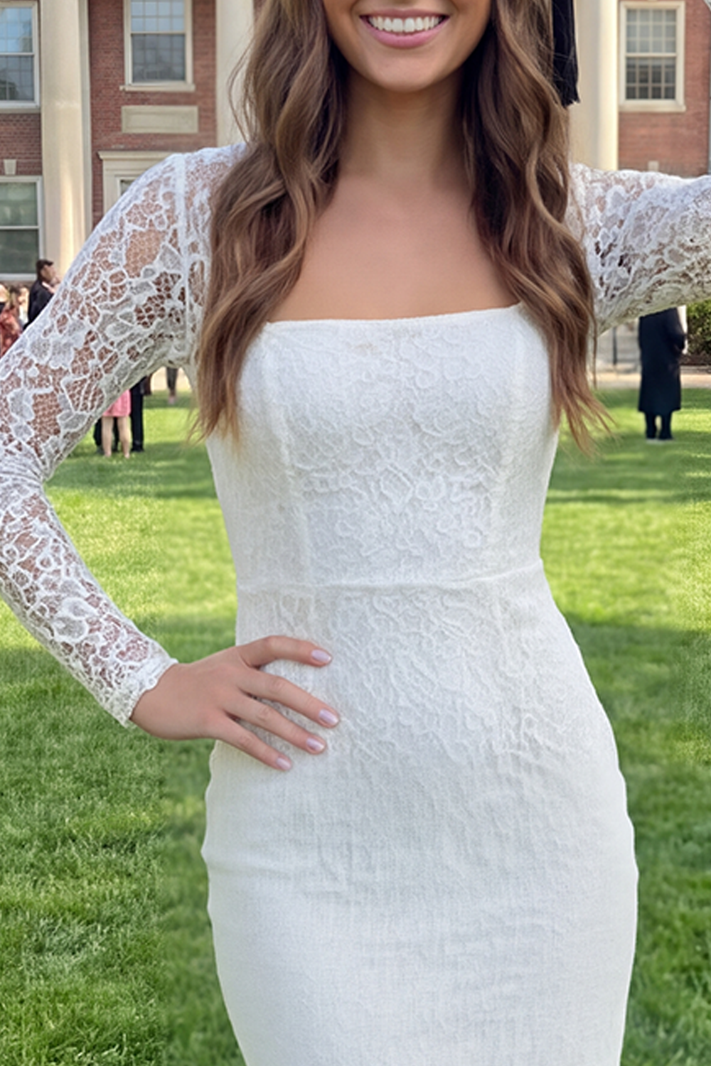 Midi Bodycon Lace Long Sleeves White Floral Graduation Dress