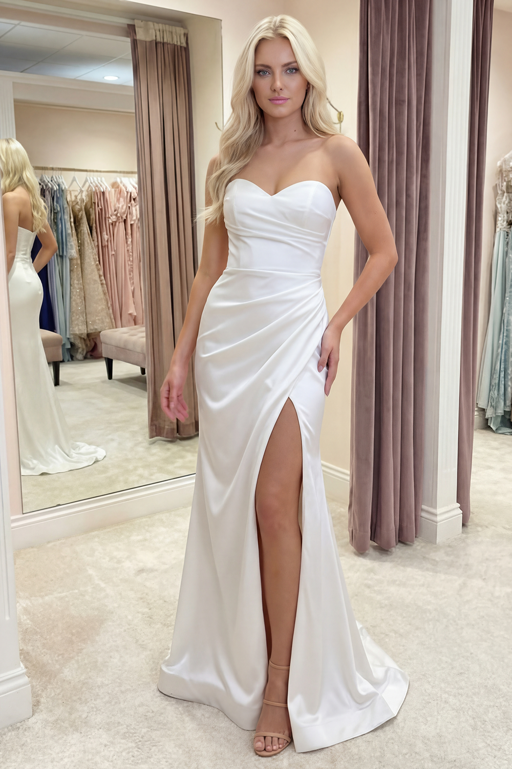 White Strapless Ruched Long Sheath Graduation Dress with Slit