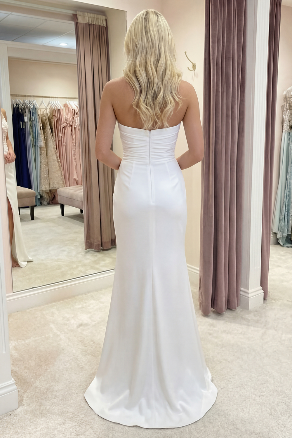 White Strapless Ruched Long Sheath Graduation Dress with Slit