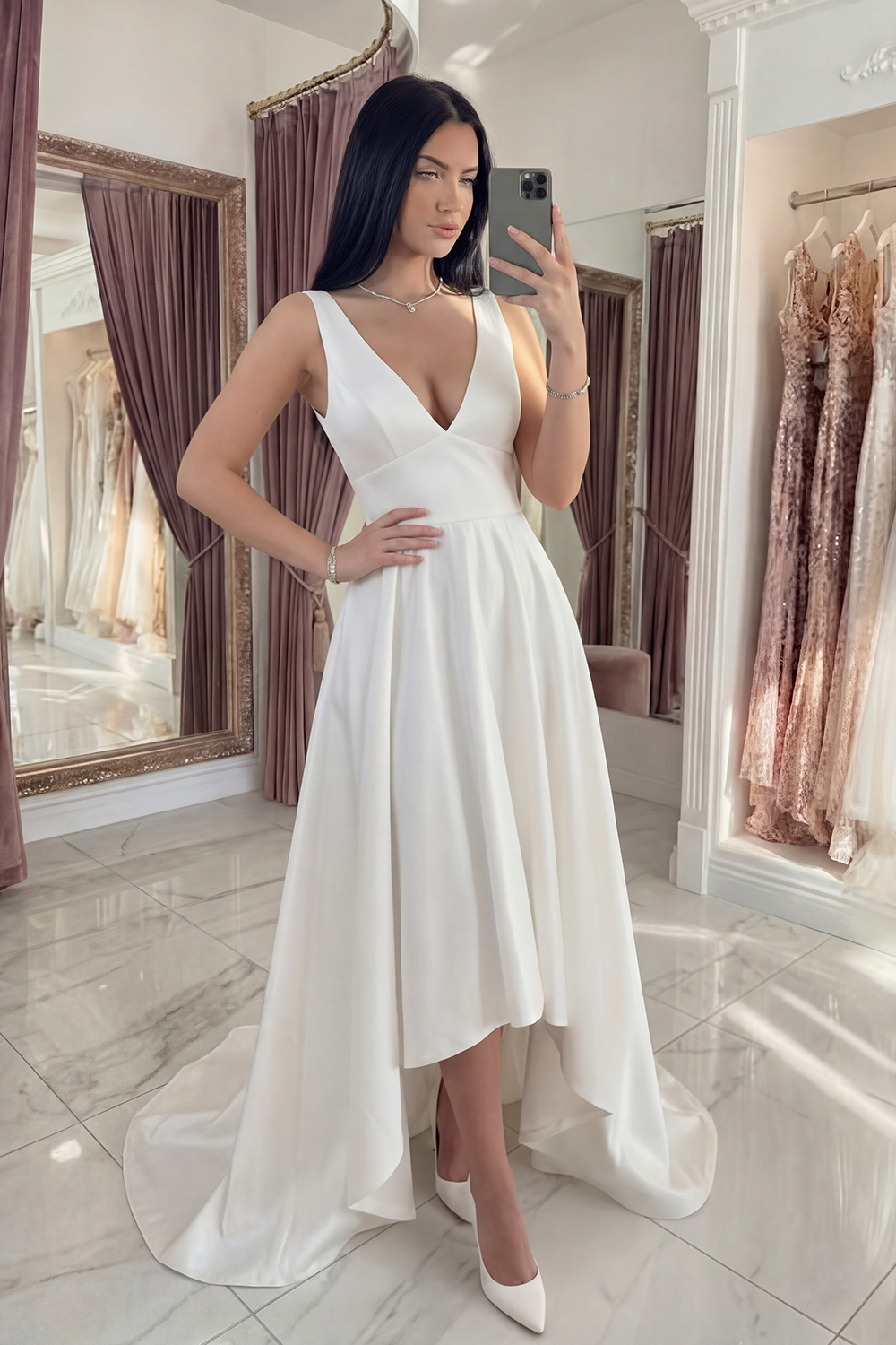 White Satin High Low A Line V-Neck Graduation Dress