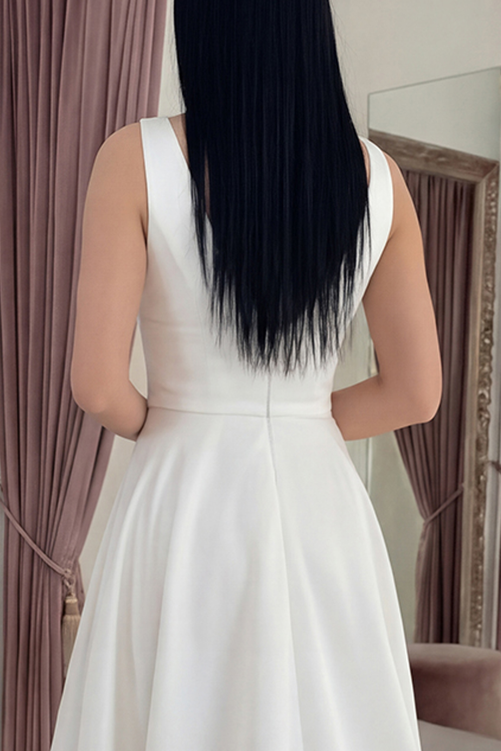 White Satin High Low A Line V-Neck Graduation Dress