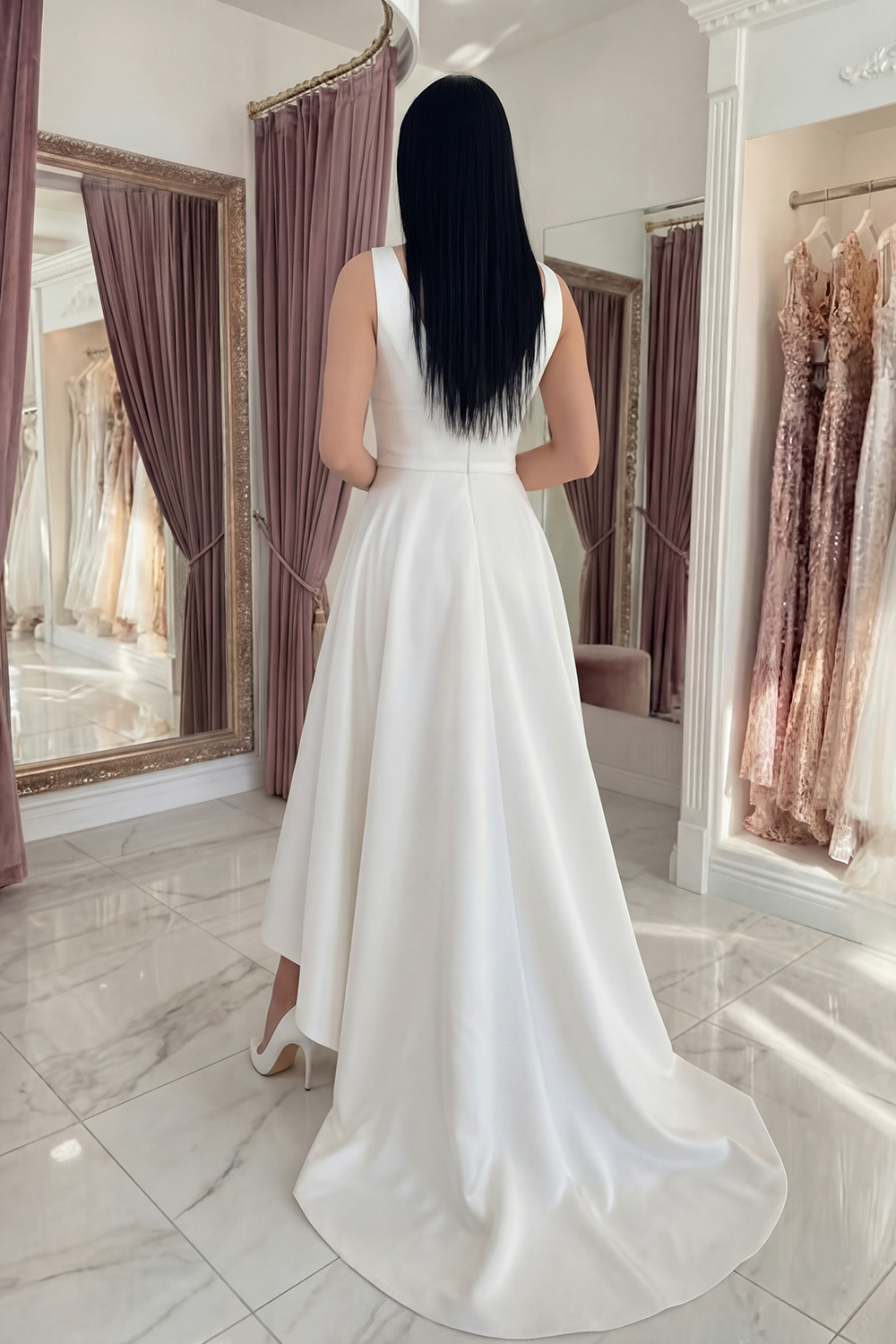 White Satin High Low A Line V-Neck Graduation Dress