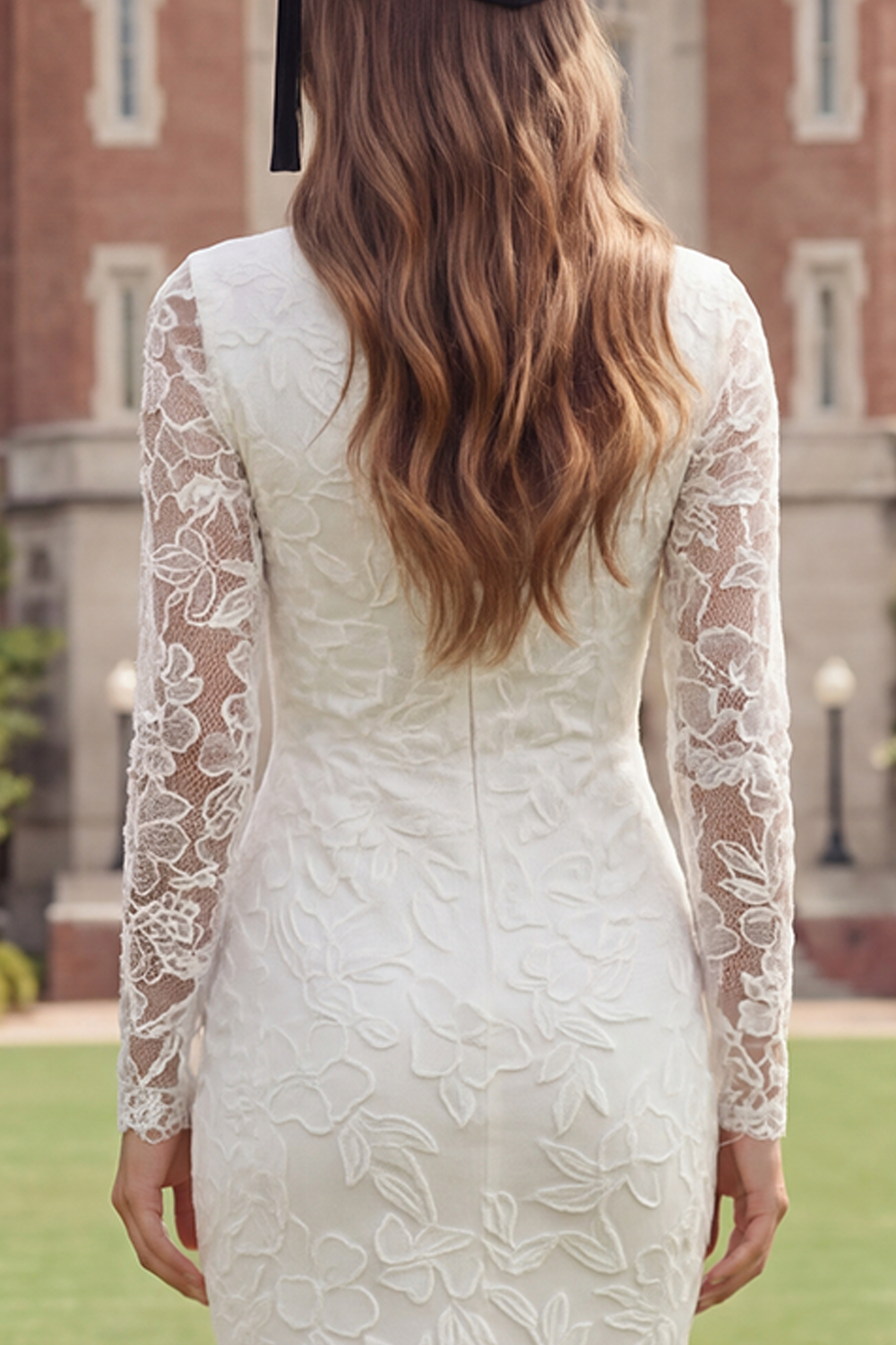 White Lace Long Sleeves Floral Midi Bodycon Graduation Dress