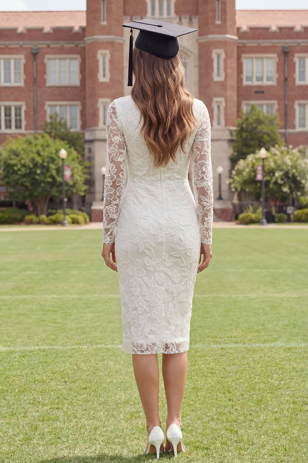 White Lace Long Sleeves Floral Midi Bodycon Graduation Dress
