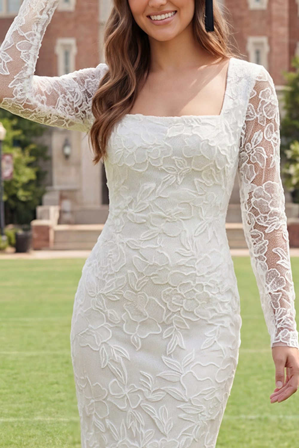 White Lace Long Sleeves Floral Midi Bodycon Graduation Dress