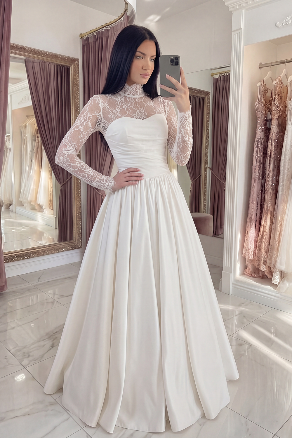 White Long Sleeves Floral A Line Graduation Dress with Lace