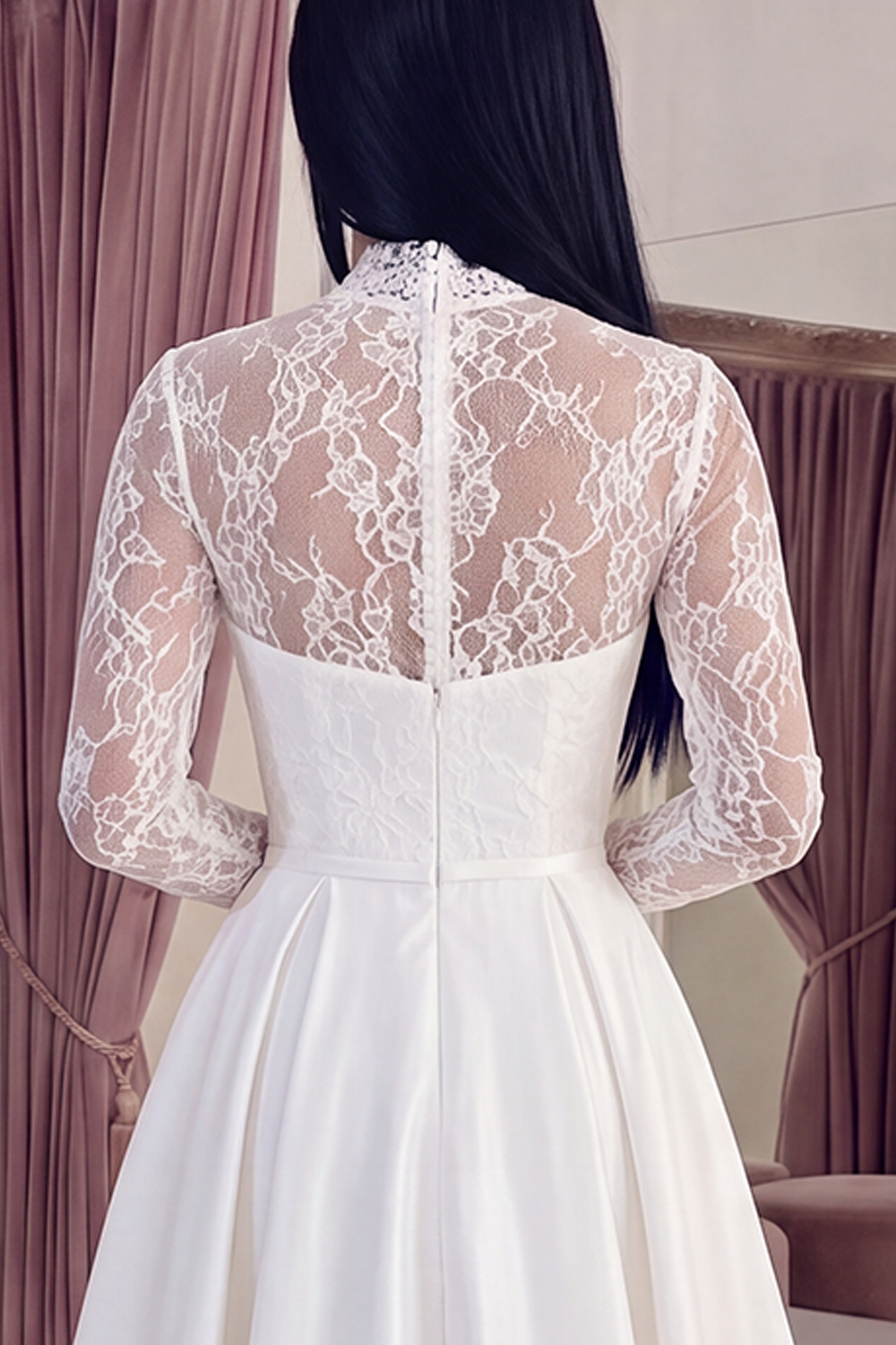 White Long Sleeves Floral A Line Graduation Dress with Lace