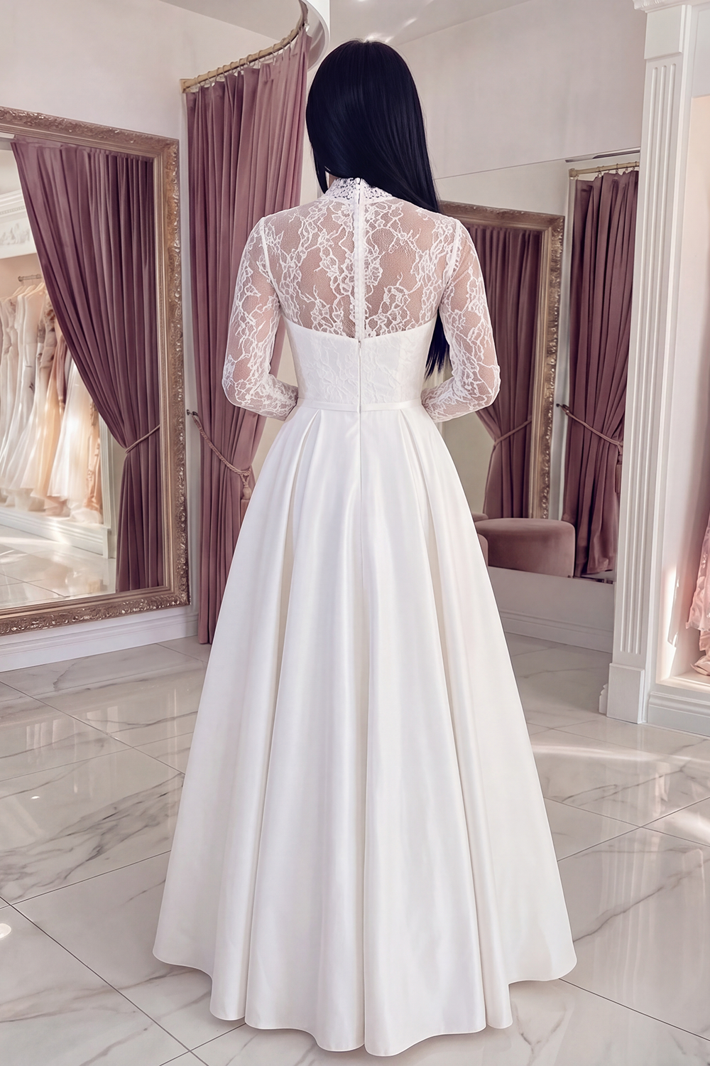 White Long Sleeves Floral A Line Graduation Dress with Lace