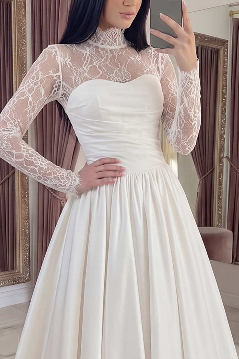 White Long Sleeves Floral A Line Graduation Dress with Lace