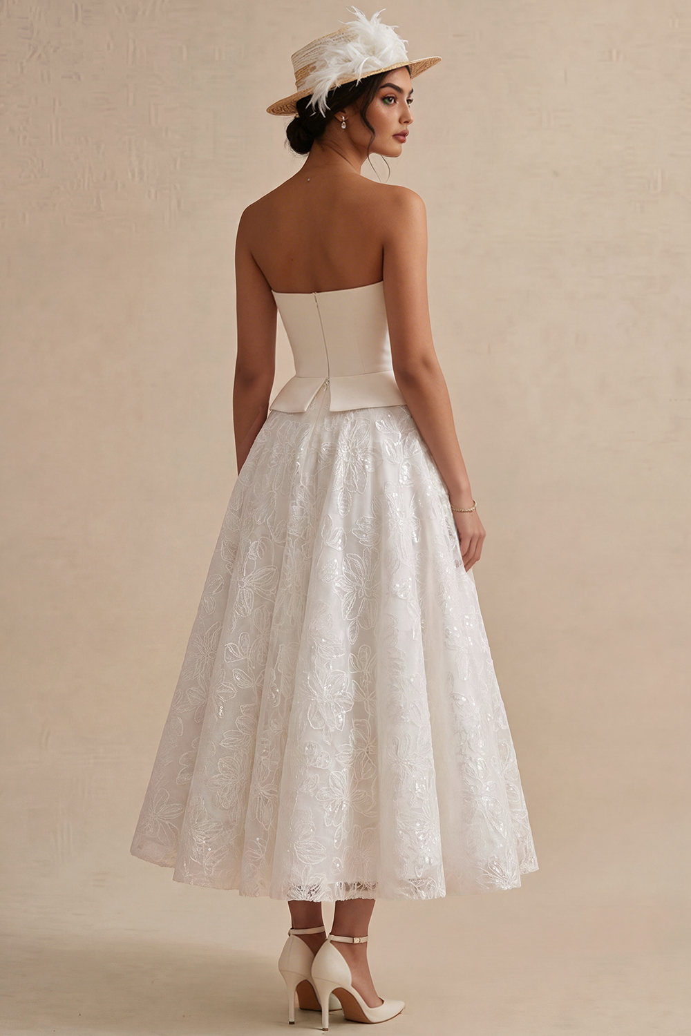 White Floral Lace A Line Strapless Long Graduation Dress