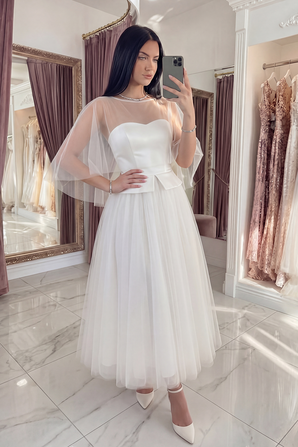 White A Line Ilusion Bateau Neck Long Graduation Dress