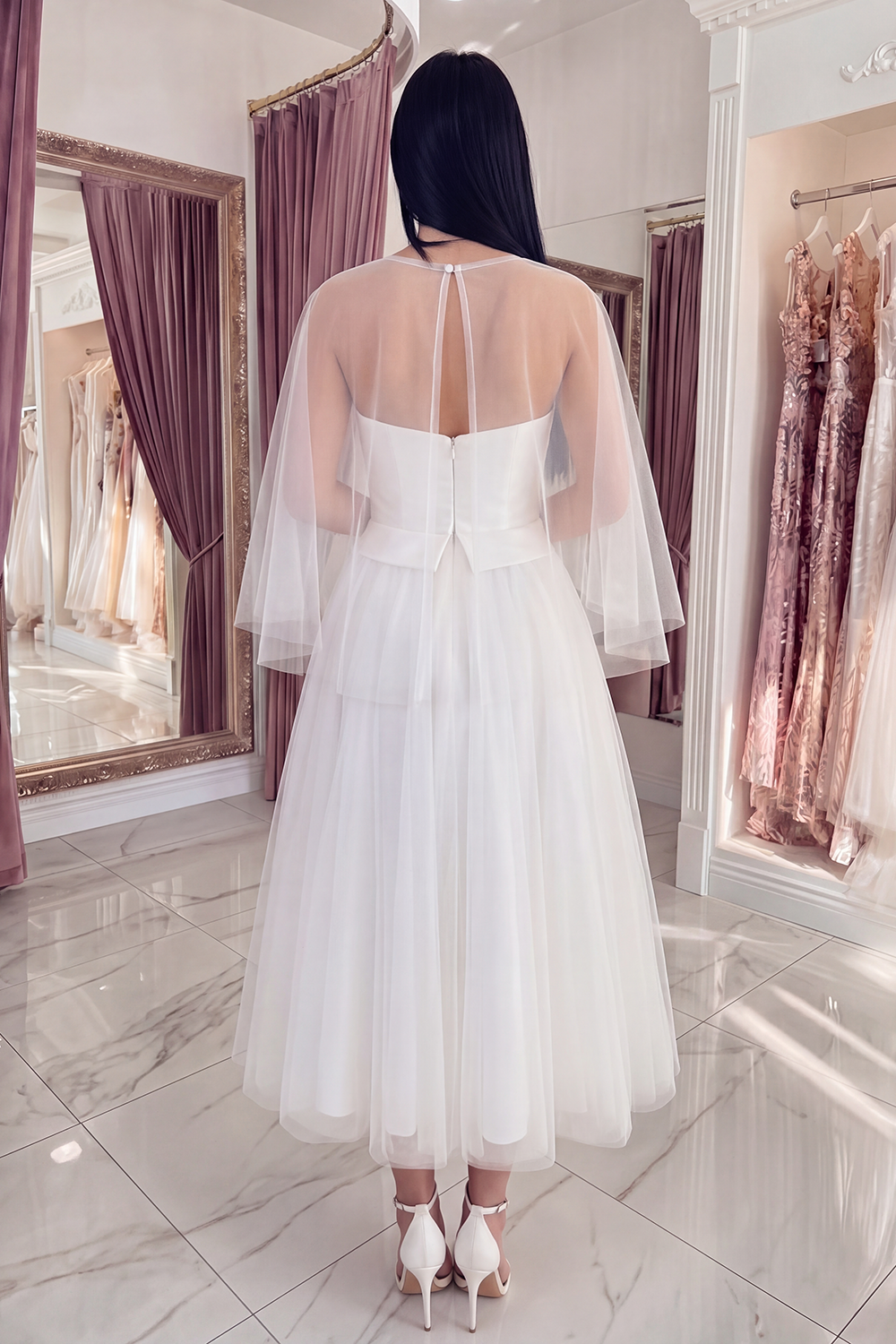 White A Line Ilusion Bateau Neck Long Graduation Dress