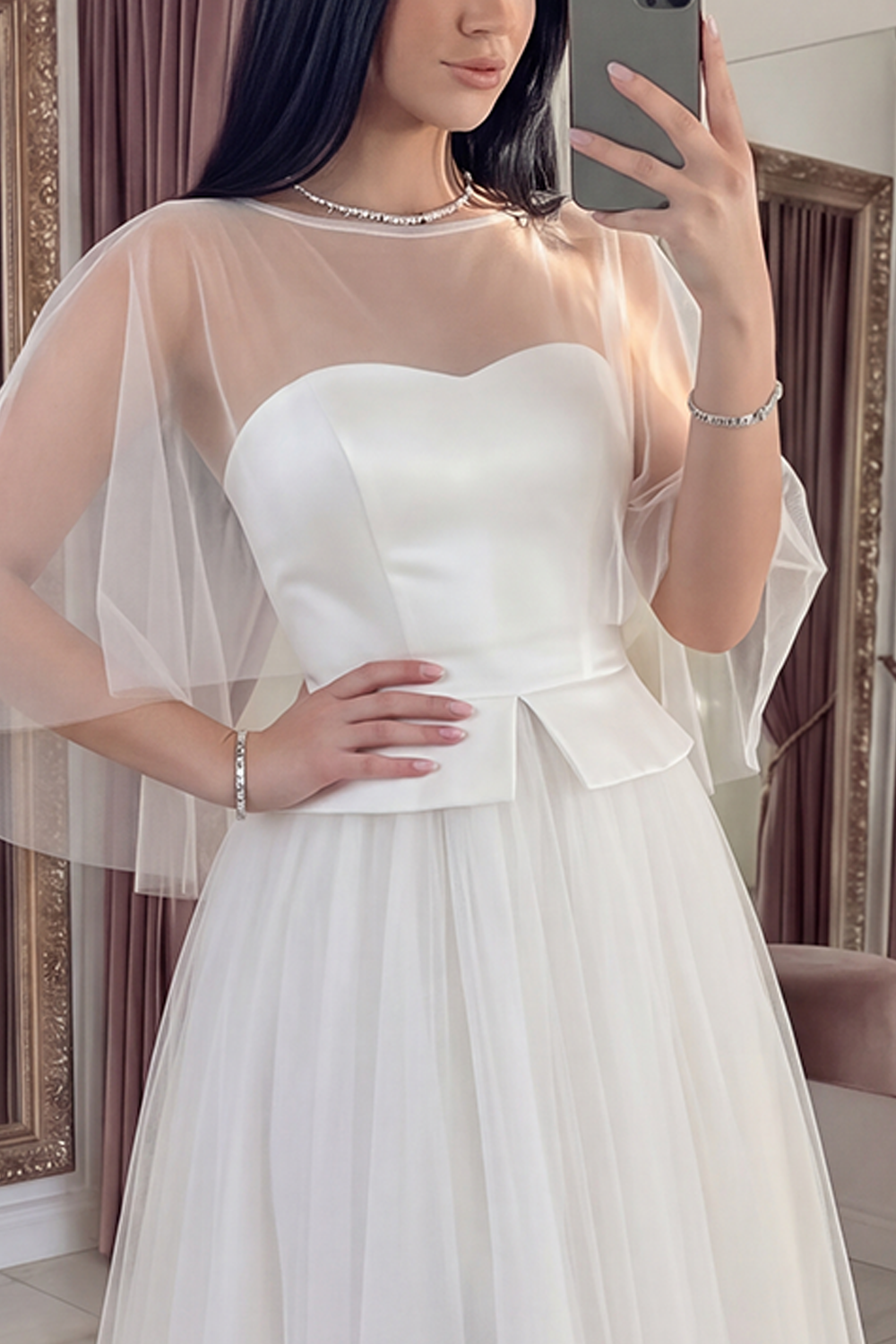 White A Line Ilusion Bateau Neck Long Graduation Dress