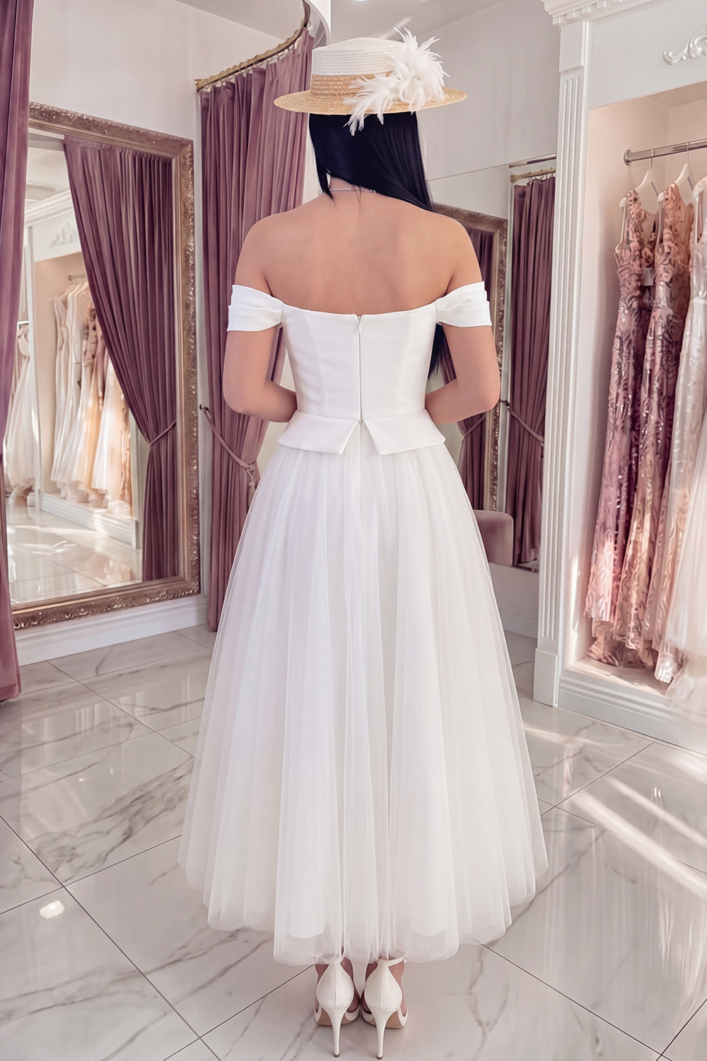 Off the Shoulder White A Line Long Graduation Dress
