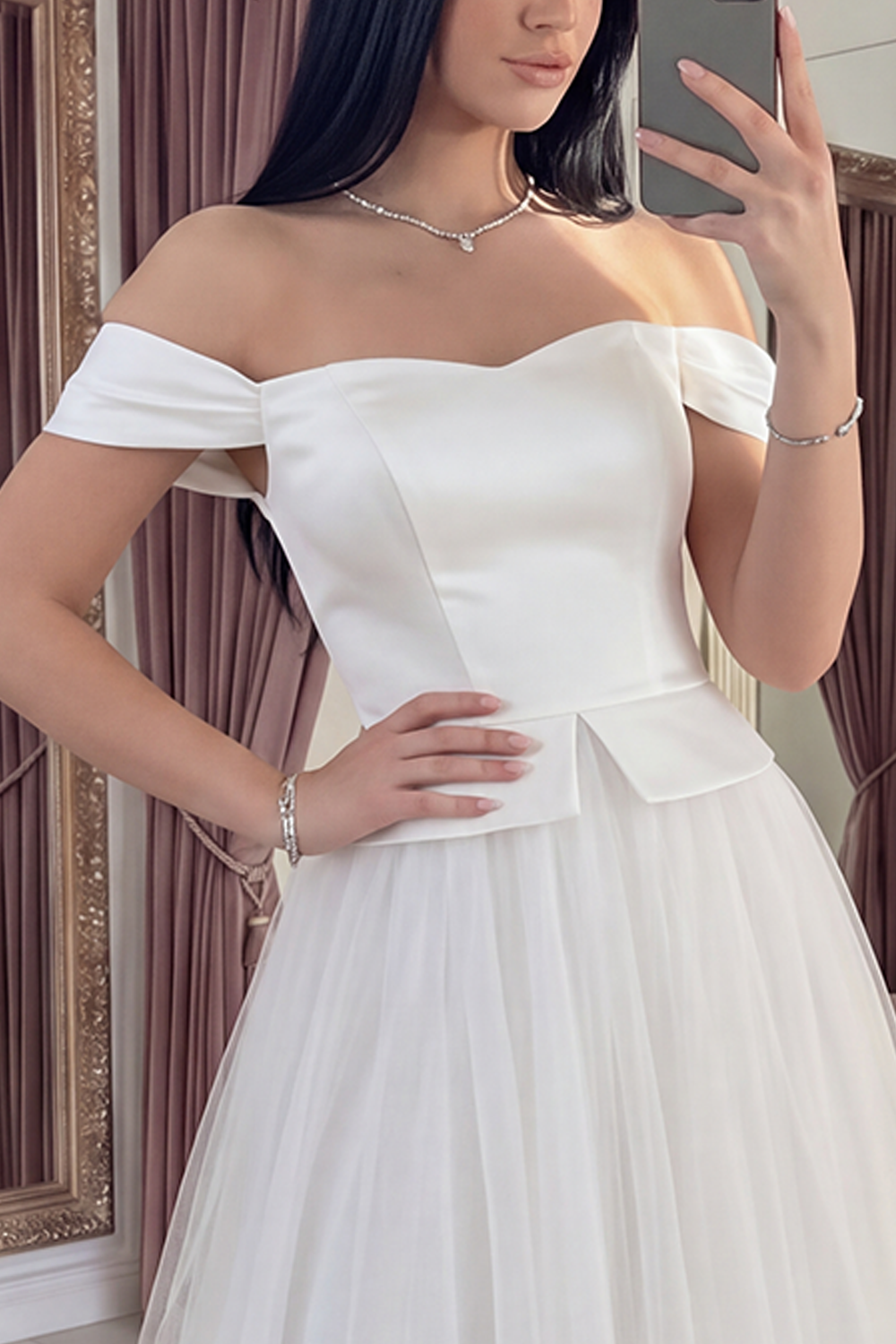 Off the Shoulder White A Line Long Graduation Dress