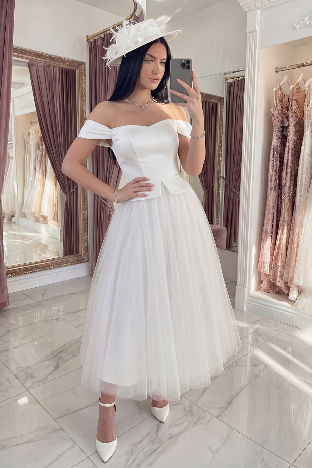 Off the Shoulder White A Line Long Graduation Dress