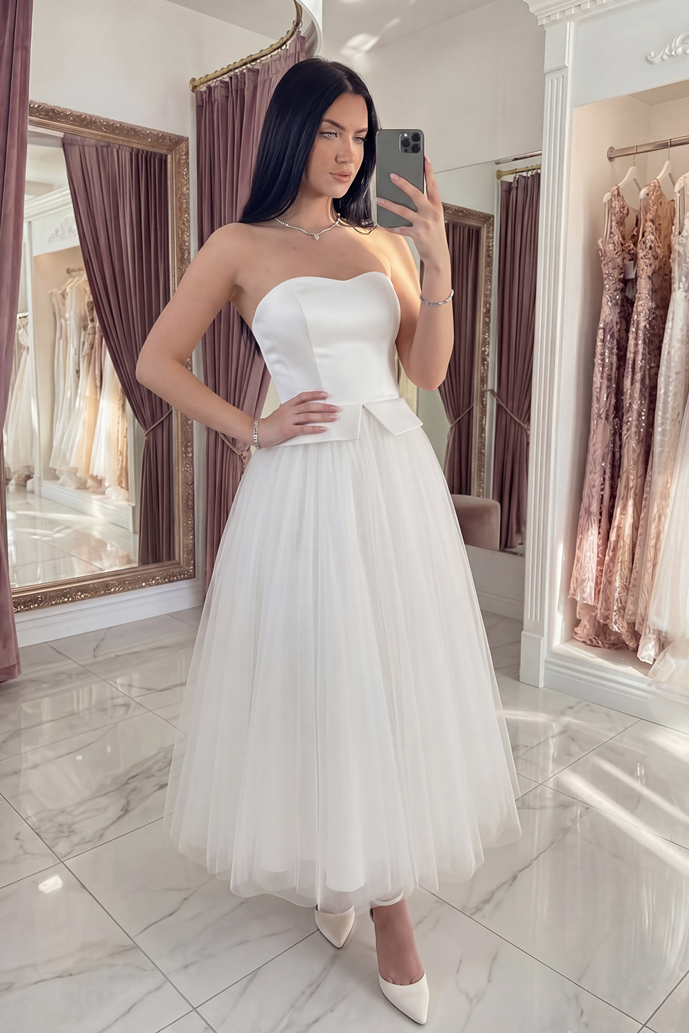 A Line Strapless White Long Graduation Dress