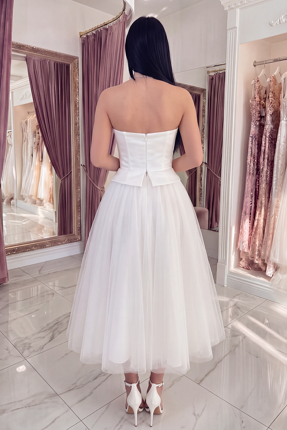A Line Strapless White Long Graduation Dress