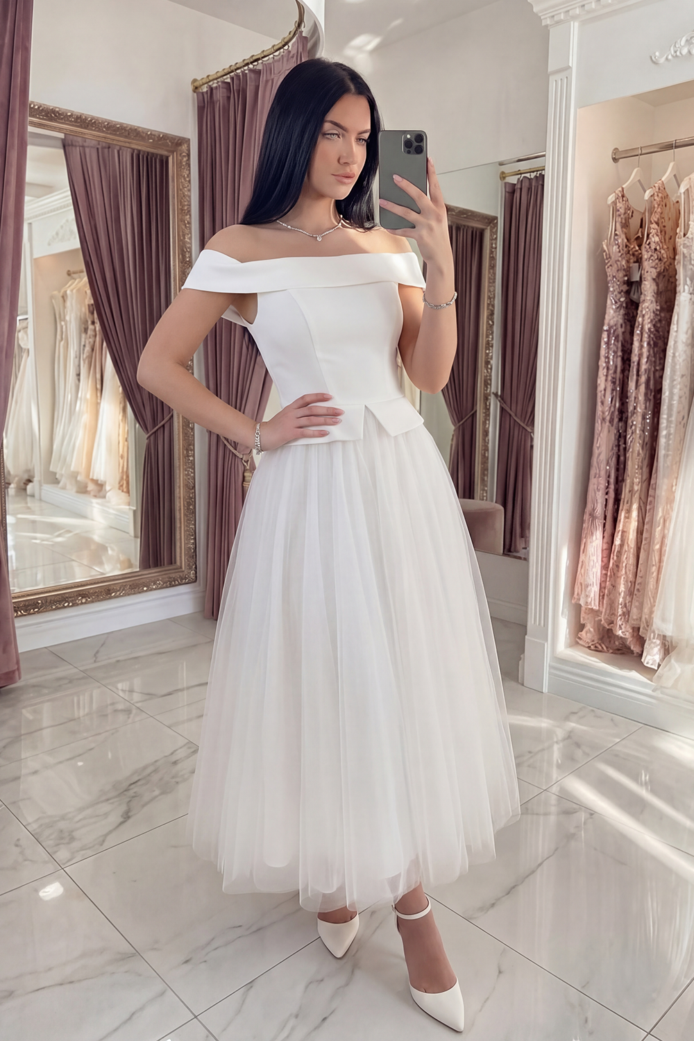 White Long Off the Shoulder A Line Boho Graduation Dress