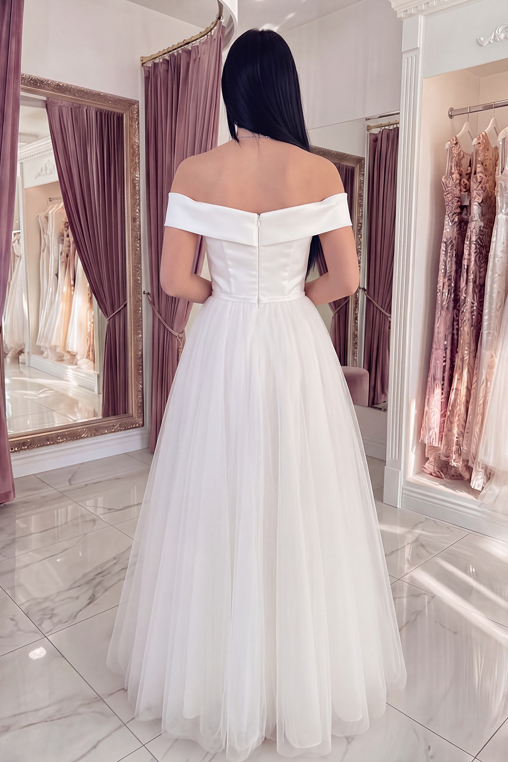 White Long Off the Shoulder A Line Boho Graduation Dress