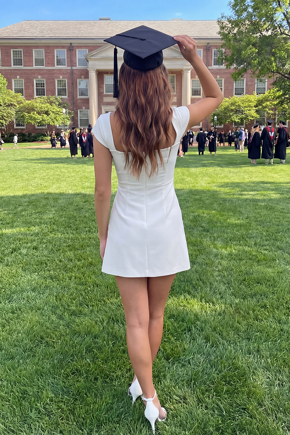White Cap Sleeves Square Neck Short A Line Graduation Dress