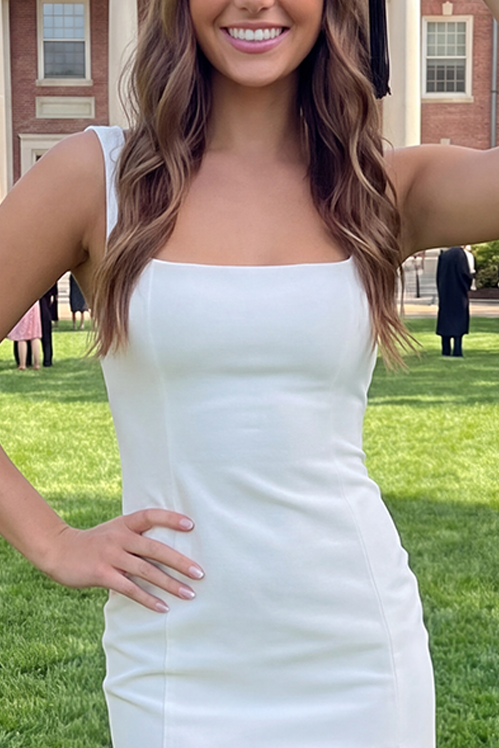 White Tight Short Square Neck Graduation Dress with Slit