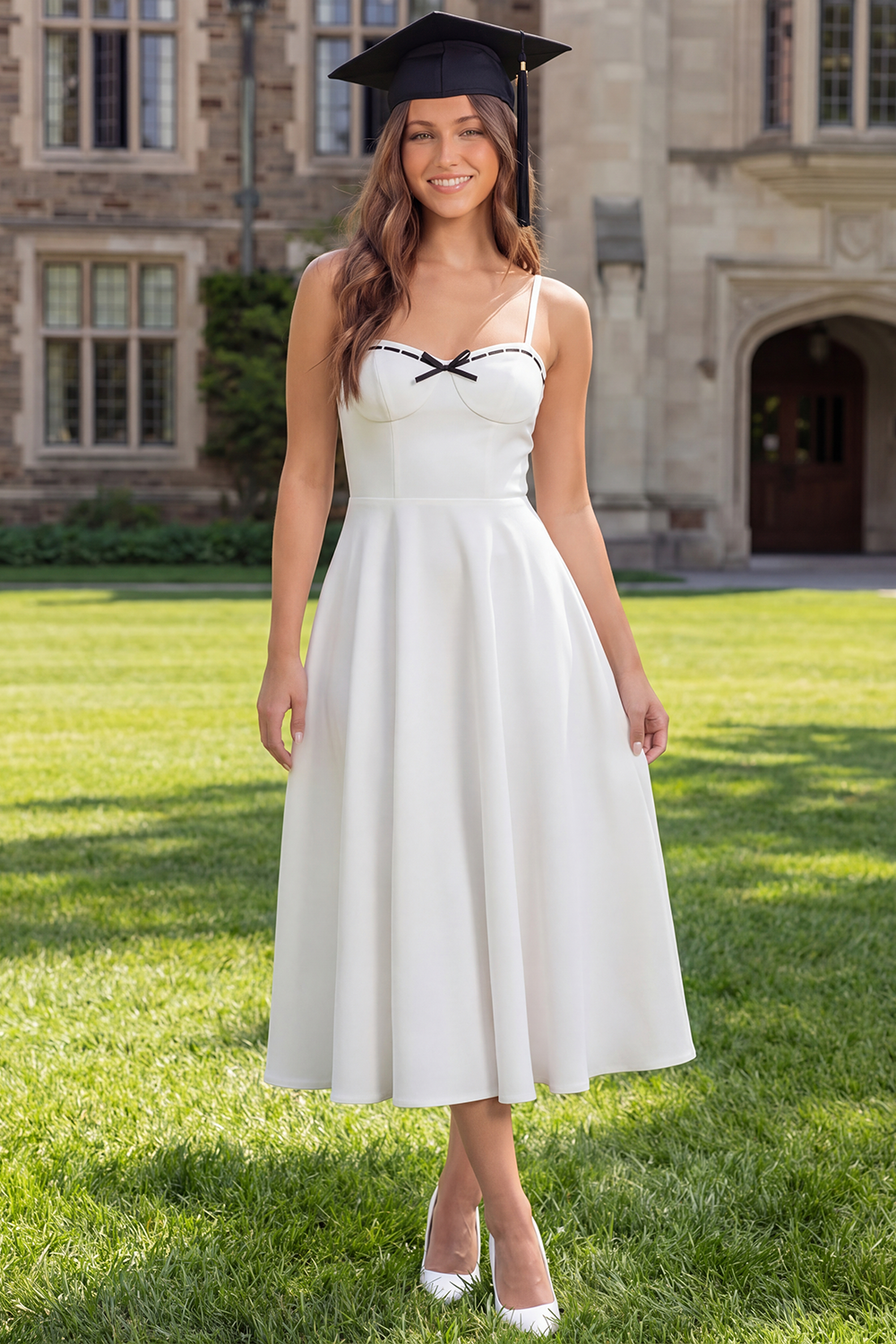 White A Line Long Spaghetti Straps Graduation Dress with Bow