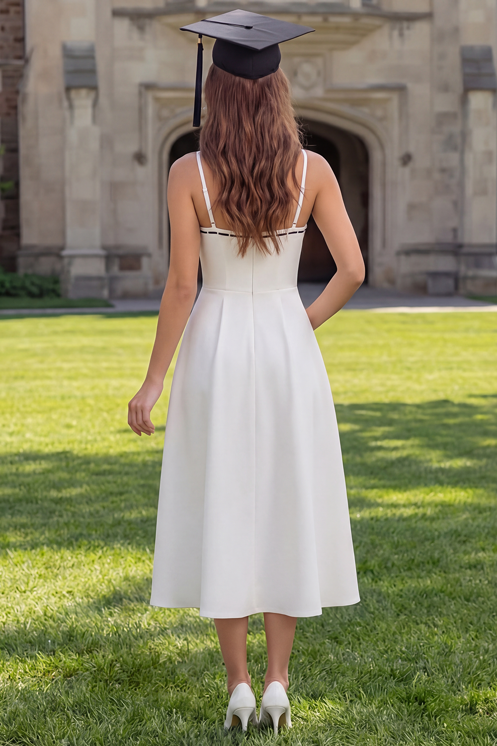 White A Line Long Spaghetti Straps Graduation Dress with Bow