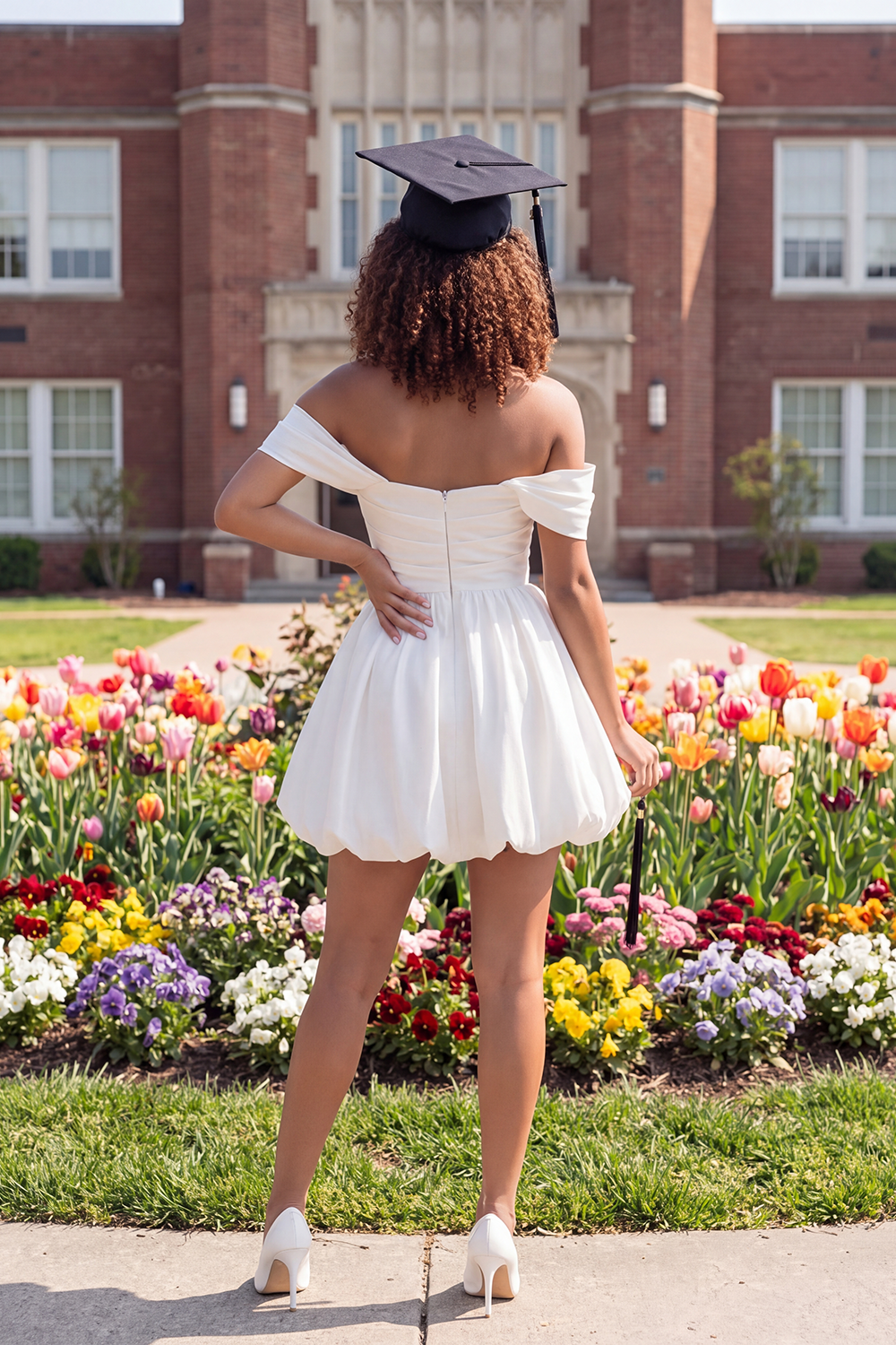 White Ruched Off the Shoulder Short A Line Graduation Dress
