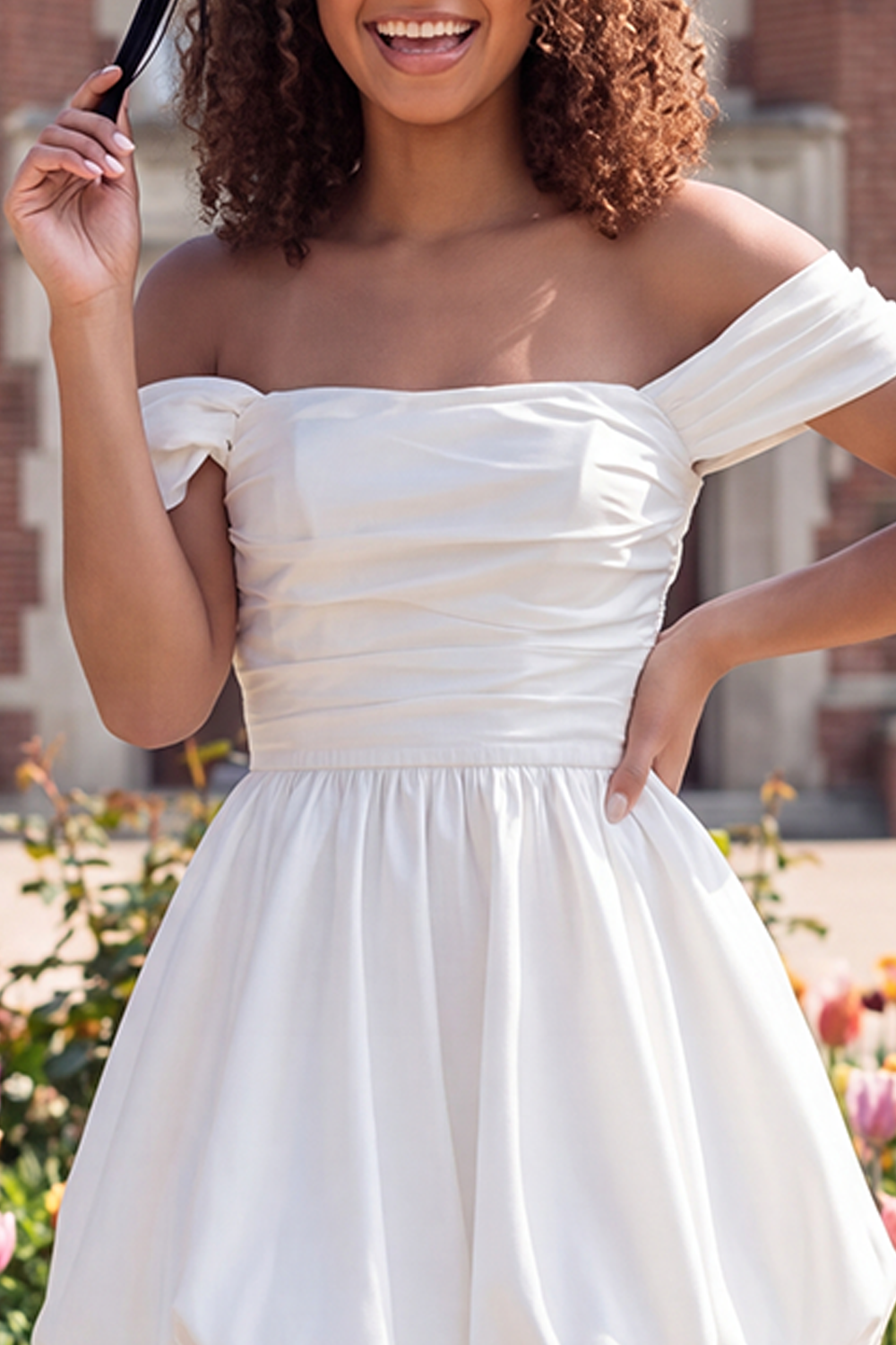 White Ruched Off the Shoulder Short A Line Graduation Dress