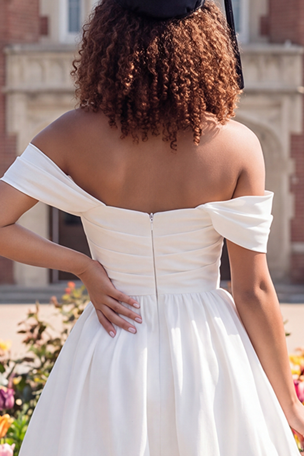 White Ruched Off the Shoulder Short A Line Graduation Dress