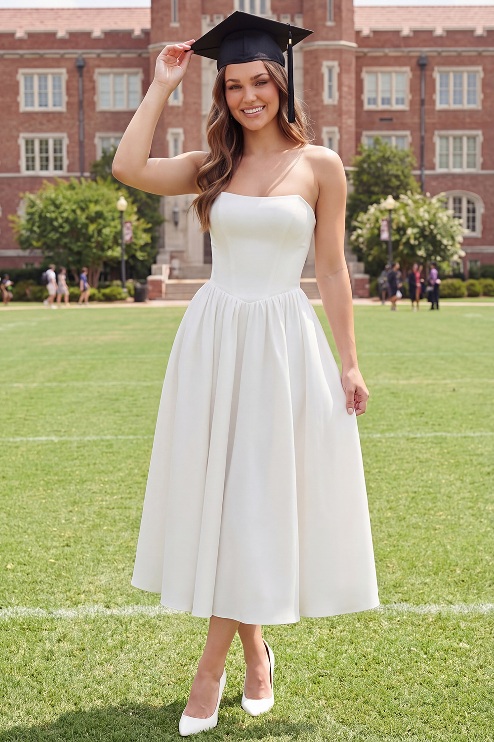 White Long Strapless Ruched A Line Graduation Dress