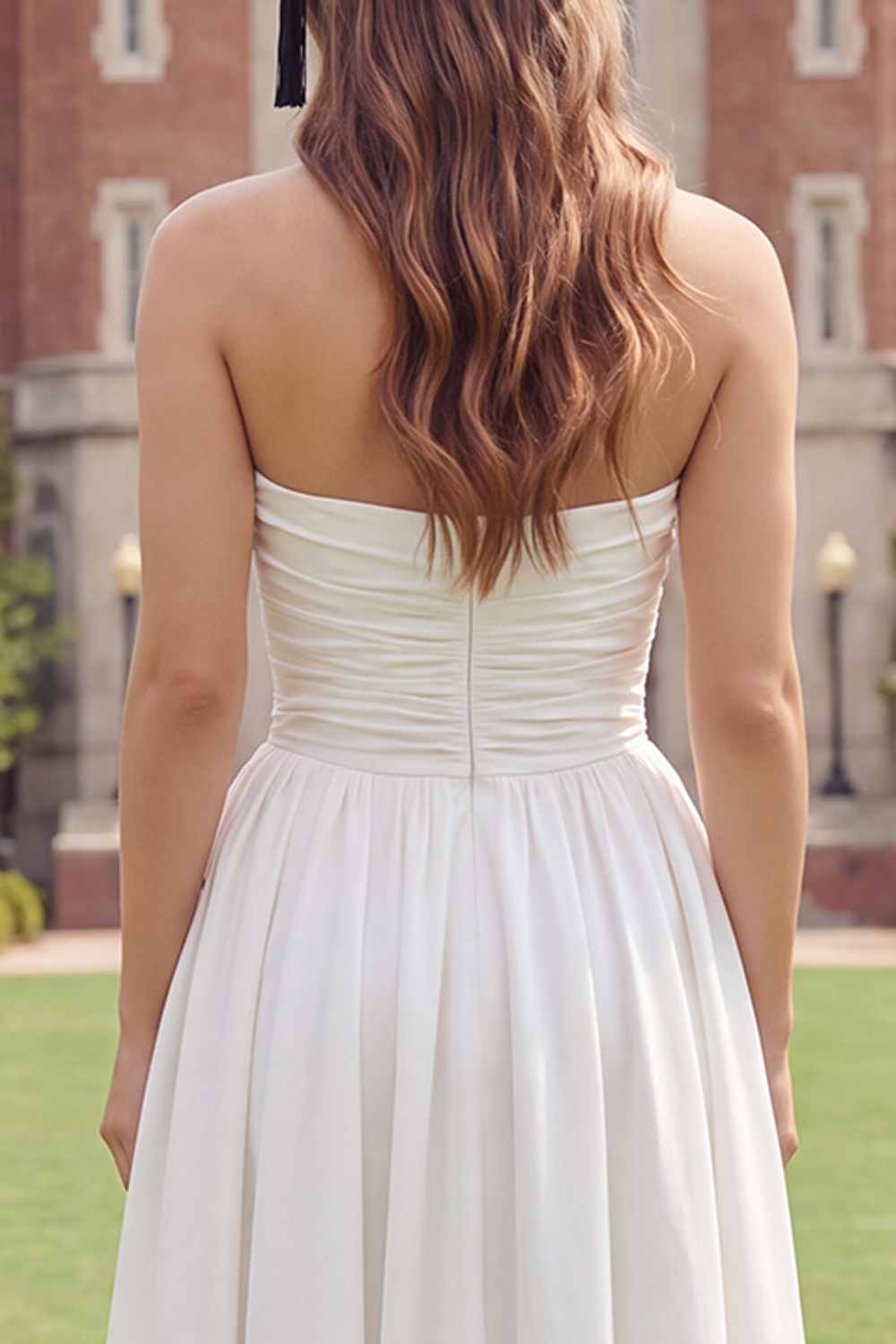 White Long Strapless Ruched A Line Graduation Dress