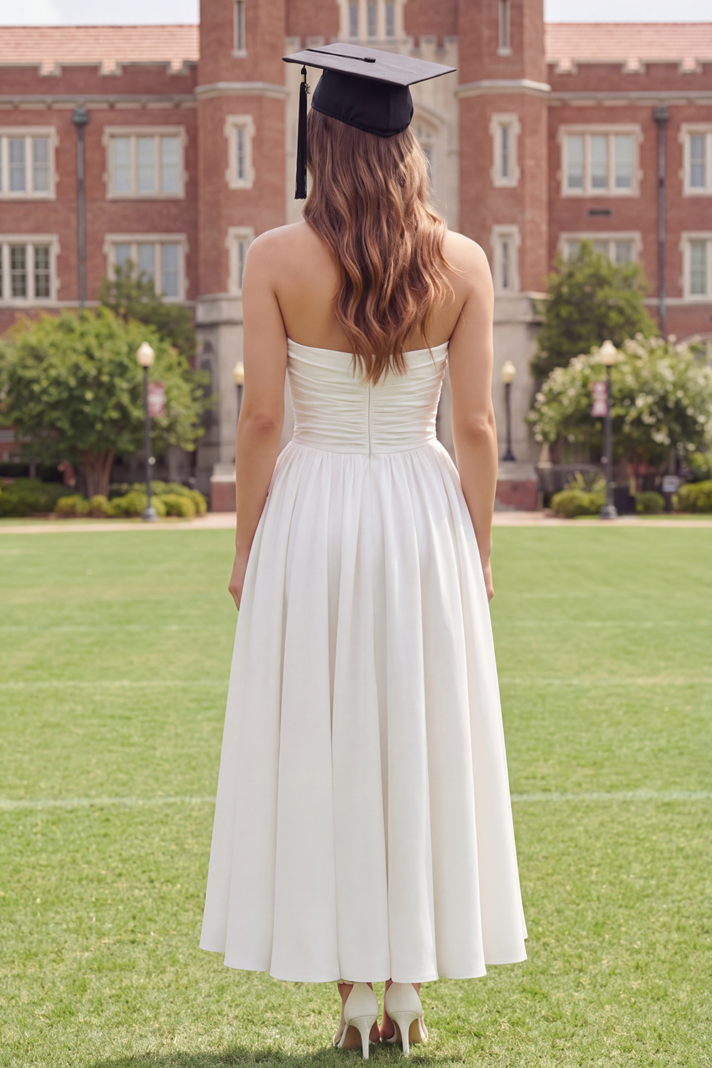 White Long Strapless Ruched A Line Graduation Dress