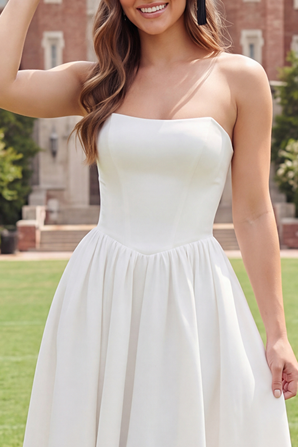 White Long Strapless Ruched A Line Graduation Dress