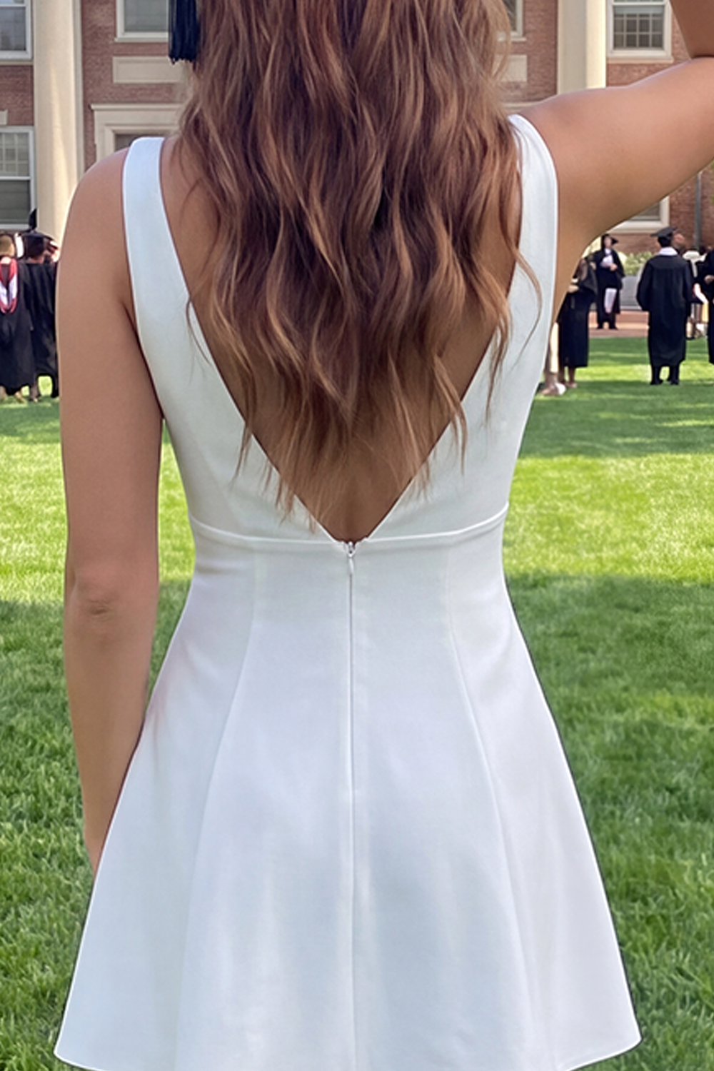 White Short V-Neck A Line Graduation Dress with Bow