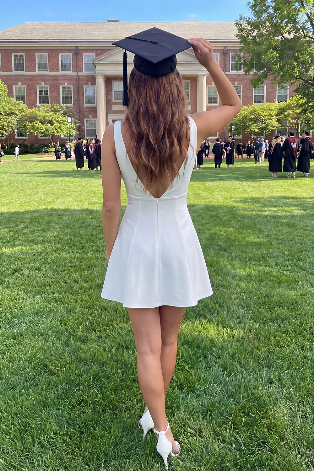 White Short V-Neck A Line Graduation Dress with Bow