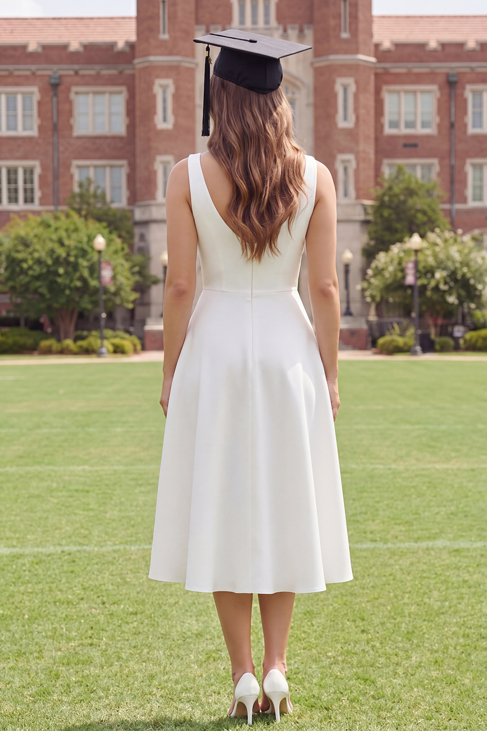 Simple A Line V-Neck White Long Graduation Dress