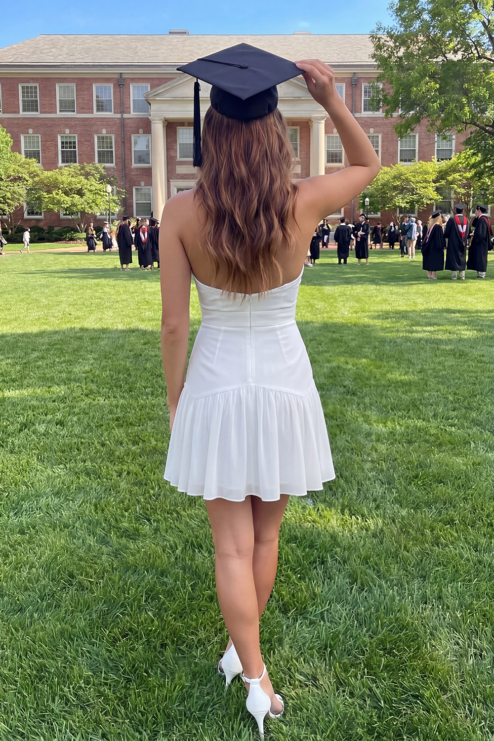 White Simple Halter Short A Line Graduation Dress with Bow