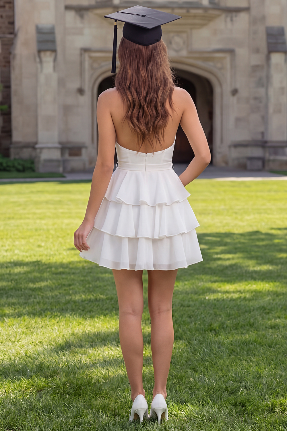 White Ruffled Halter Backless Short A Line Graduation Dress with Bow
