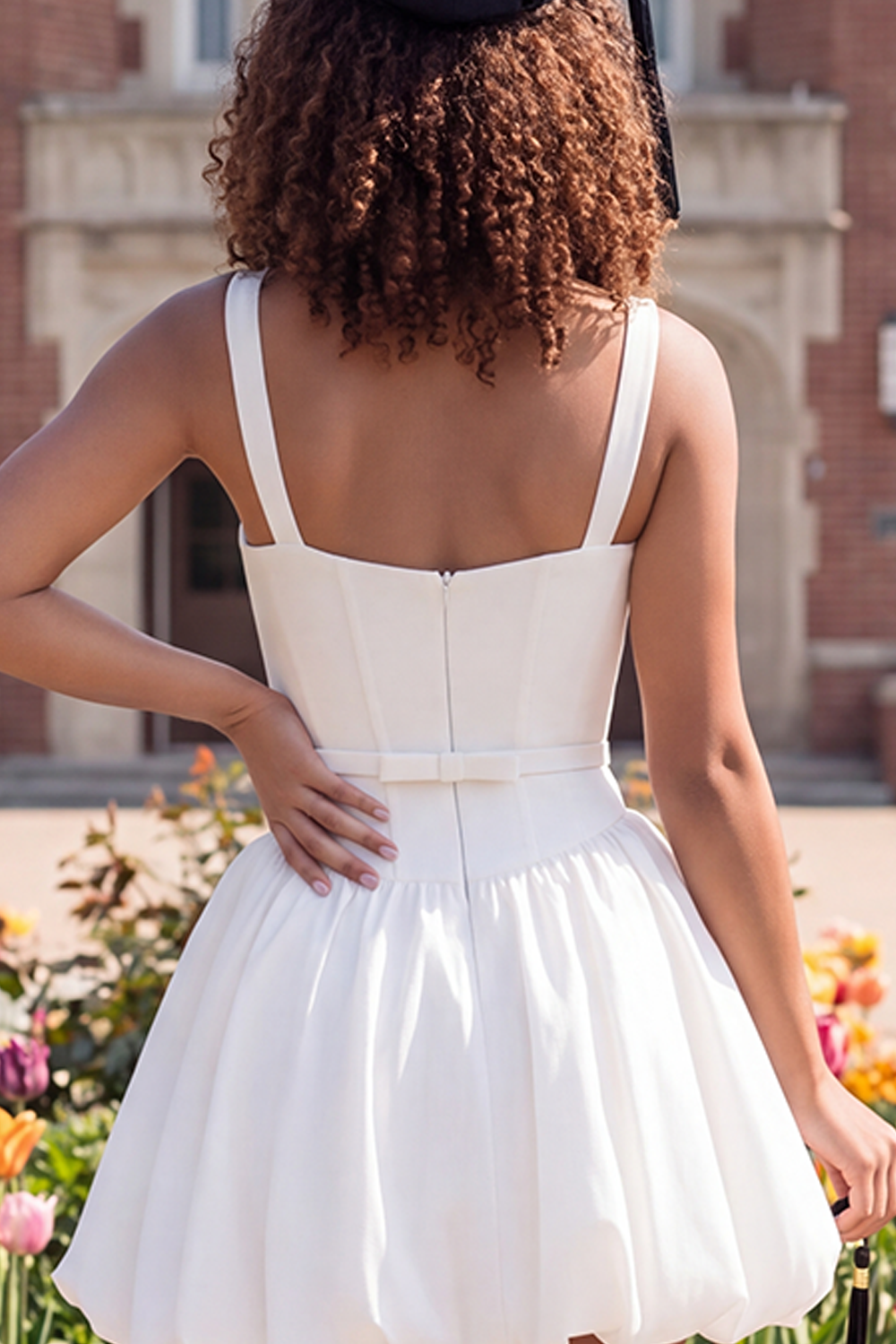 Thick Straps White Short Bubble Hem A Line Graduation Dress with Belt