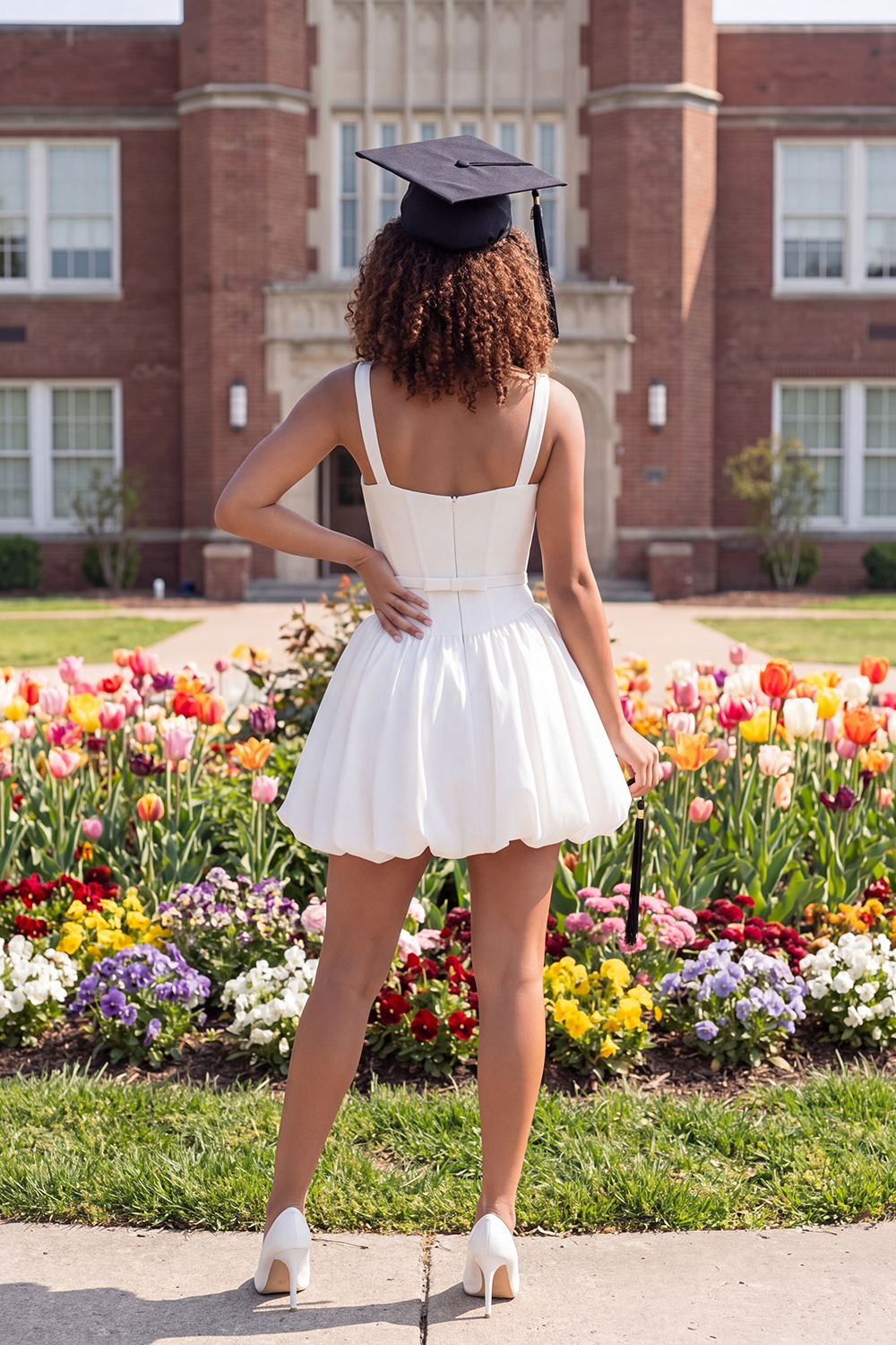 Thick Straps White Short Bubble Hem A Line Graduation Dress with Belt