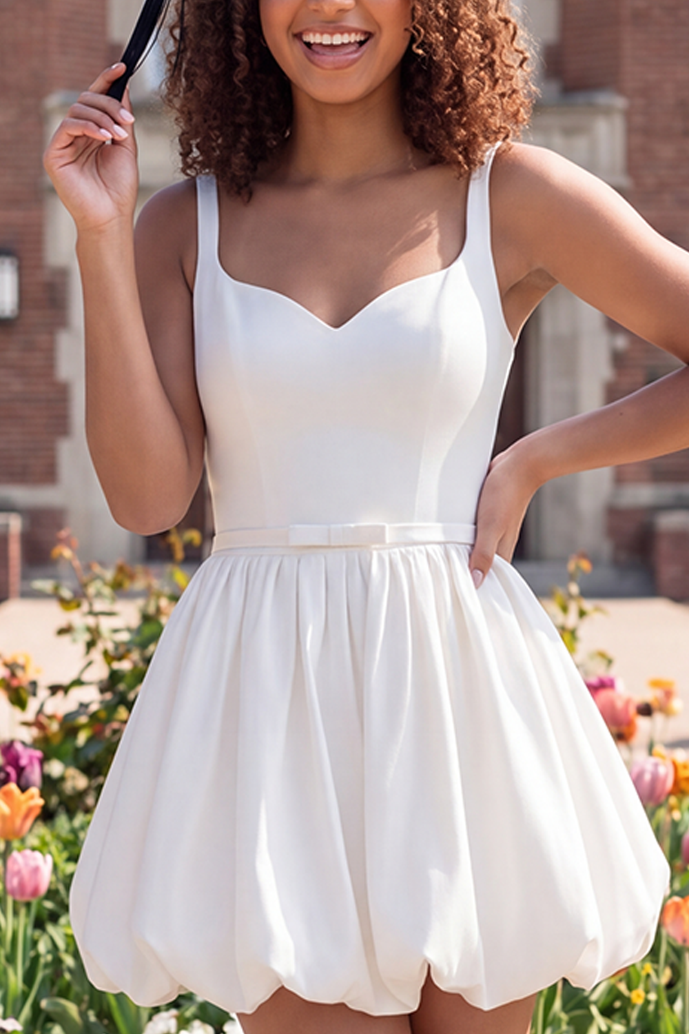 Thick Straps White Short Bubble Hem A Line Graduation Dress with Belt