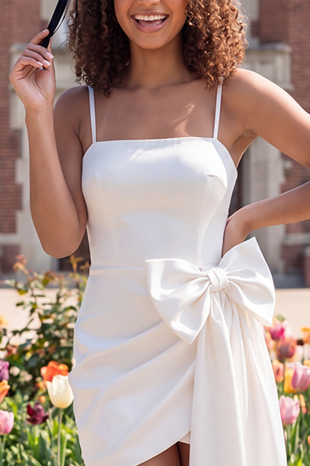 White Spaghetti Straps Tight Short Ruched Graduation Dress with Bow