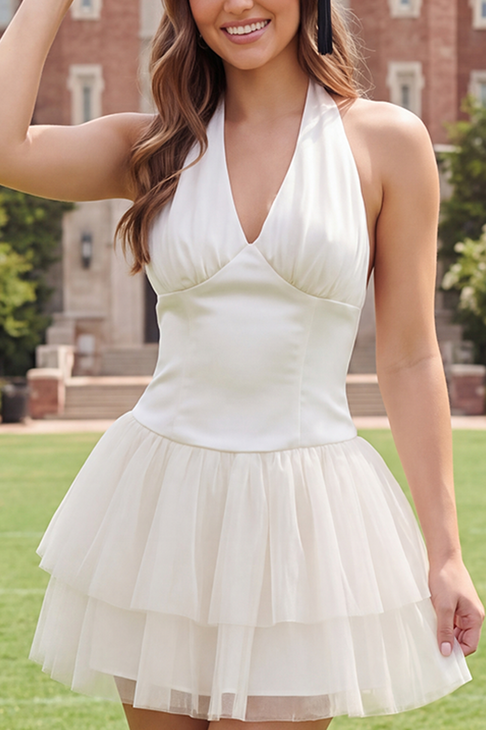 White Halter Ruched Short A Line Graduation Dress with Ruffles