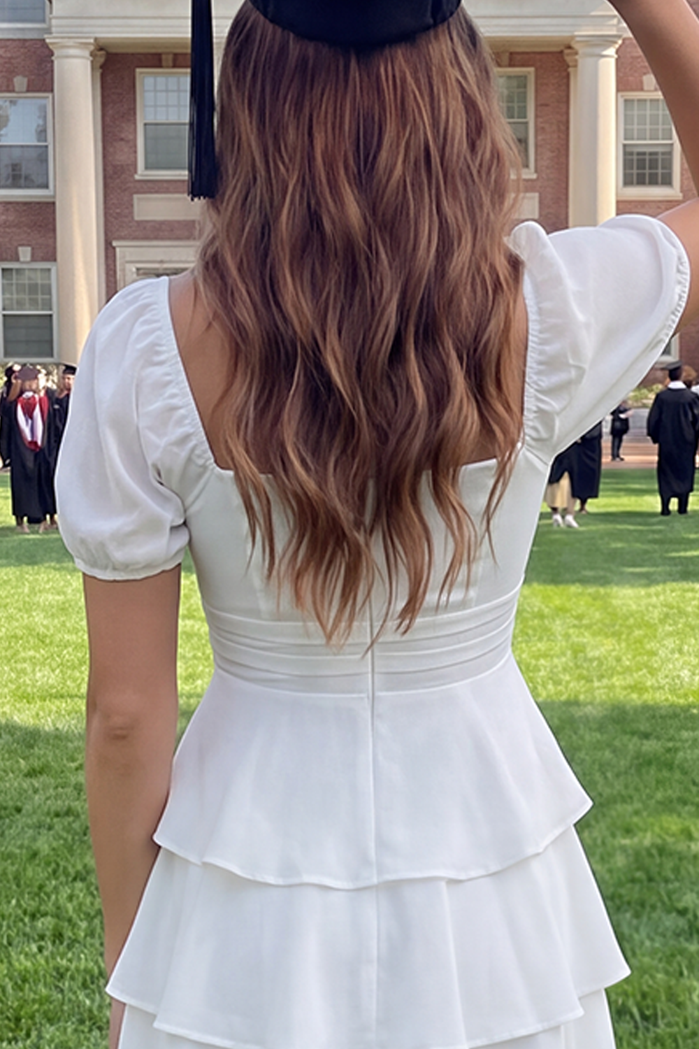 White Short A Line Short Sleeves Graduation Dress with Ruffles