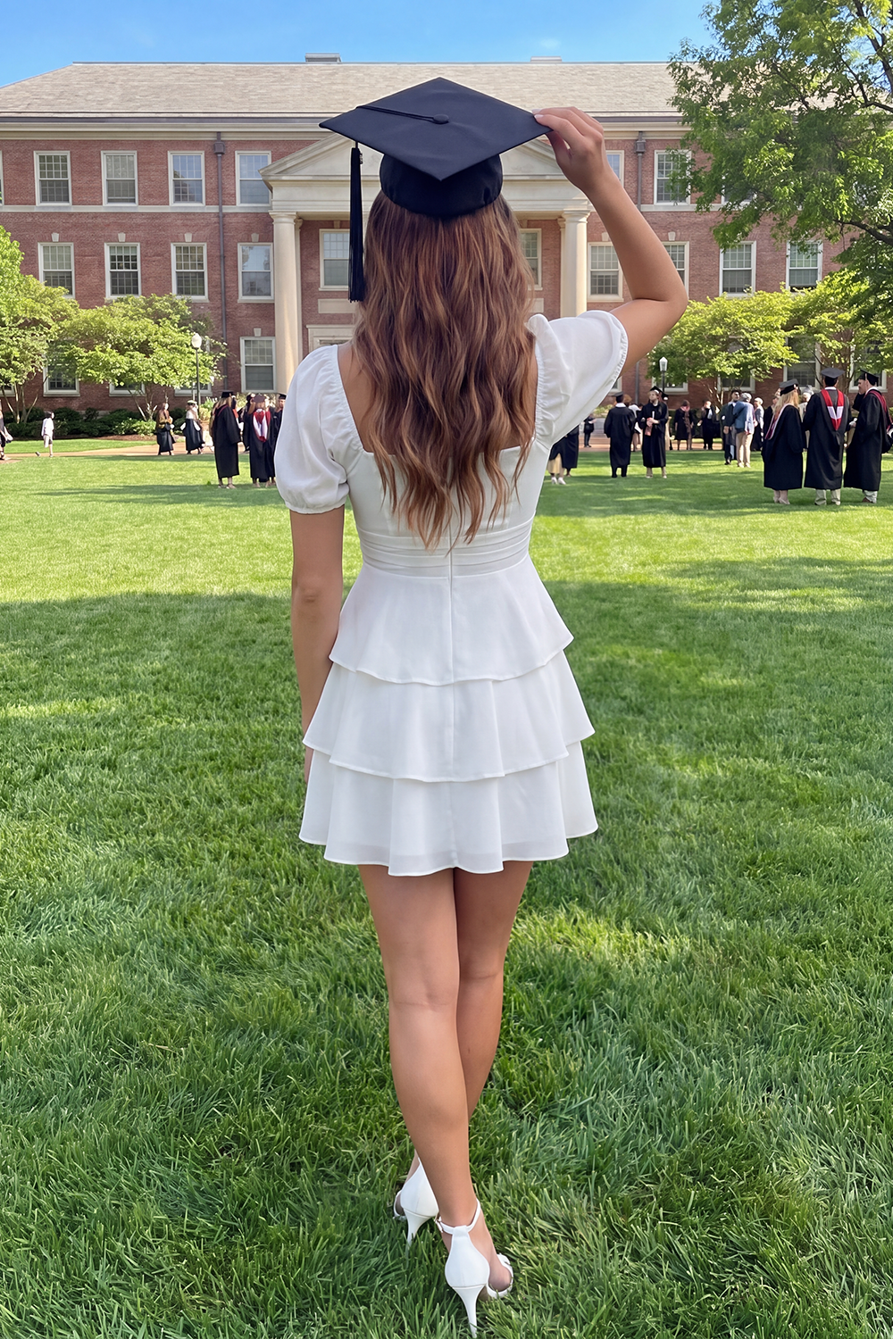 White Short A Line Short Sleeves Graduation Dress with Ruffles