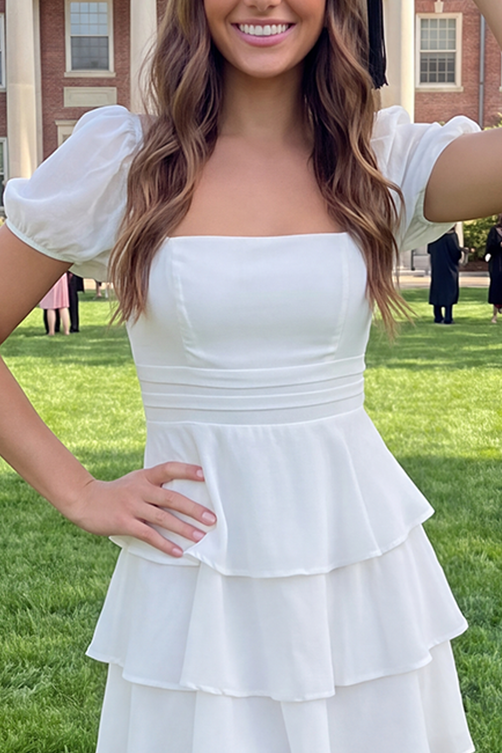 White Short A Line Short Sleeves Graduation Dress with Ruffles