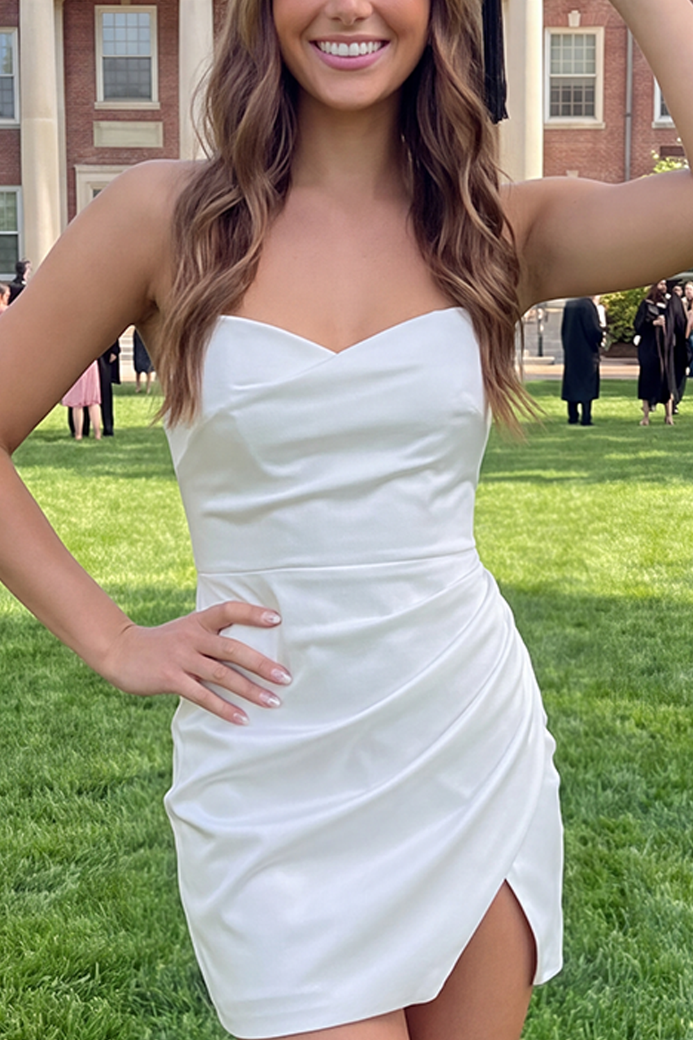 Tight Ruched Short Strapless White Graduation Dress with Slit