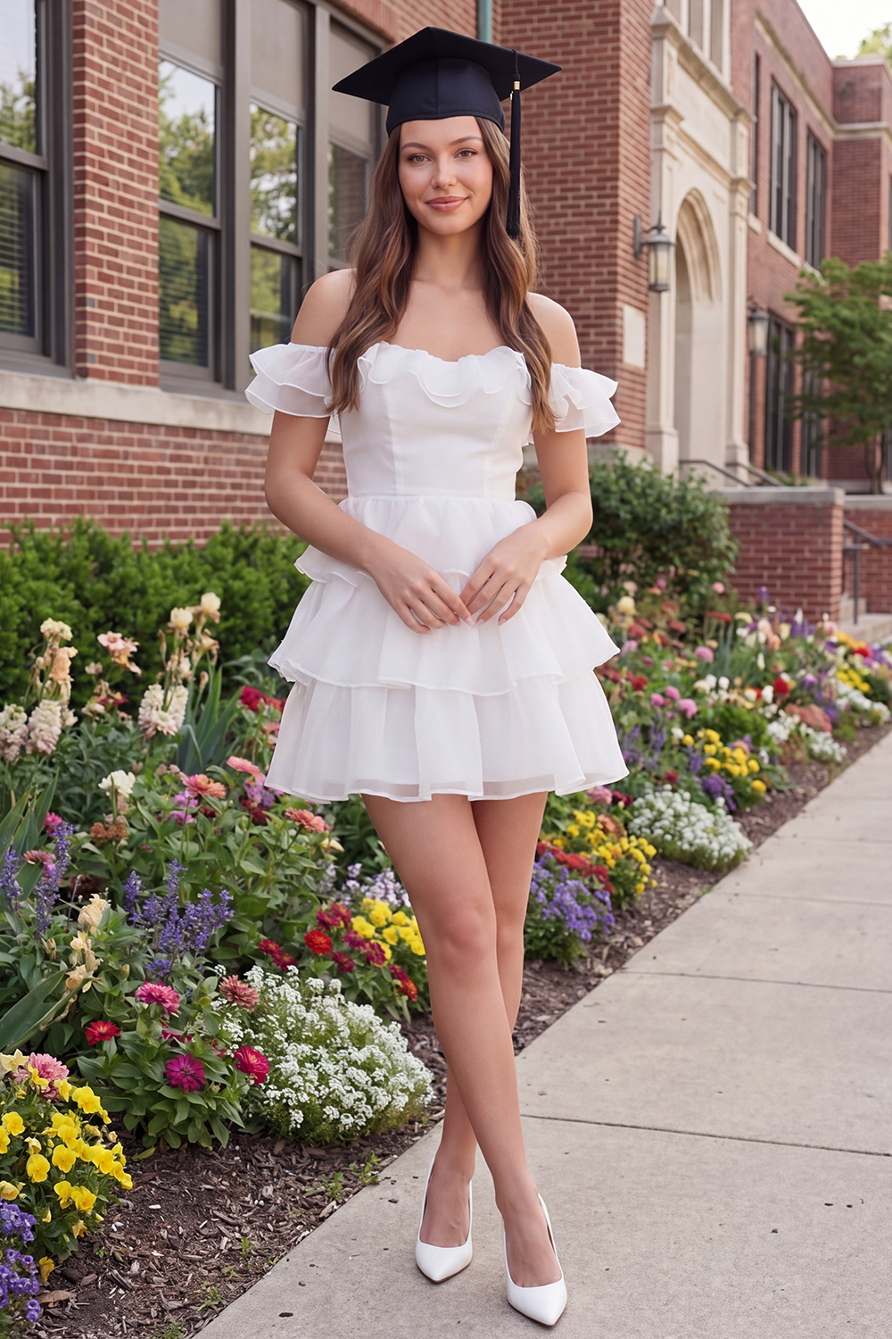 White Off the Shoulder Short A Line Graduation Dress with Ruffles